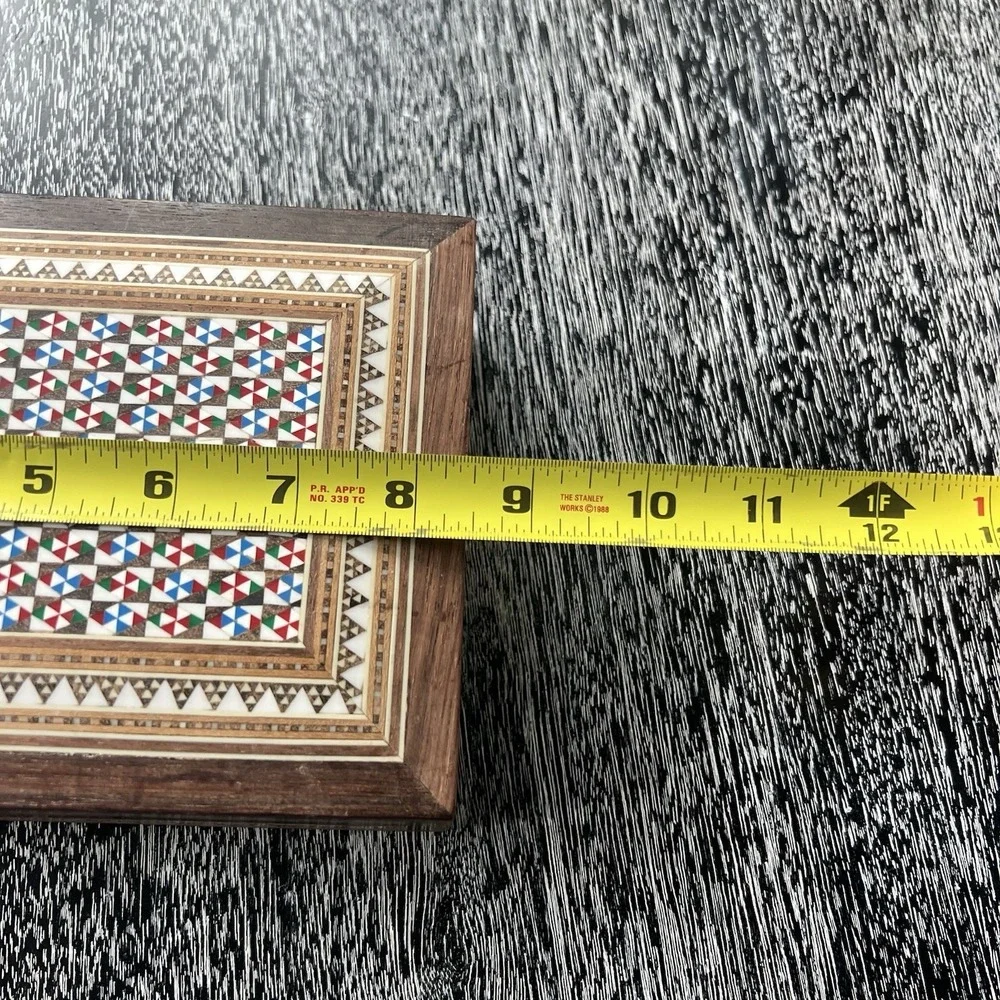 Vintage Wooden Marquetry Inlay Jewelry Box White, Red, Green, Blue Triangles‎
